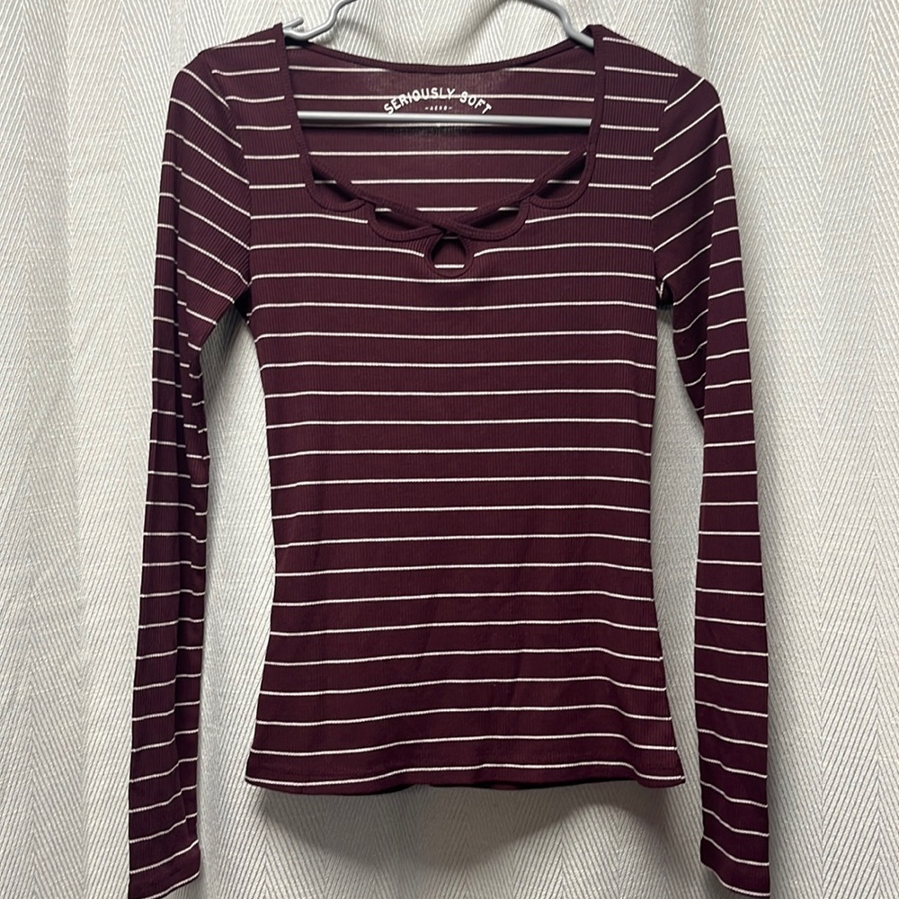 Aeropostale Maroon and White Striped V-neck Long Sleeve